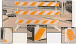 [Image Description: An orange and white stripped barrier blocking the street.]