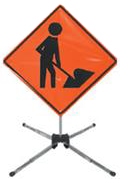 [Image Description: A diamond shaped construction sign.  The sign's background color is orange it features a black stick figure person shoveling.]